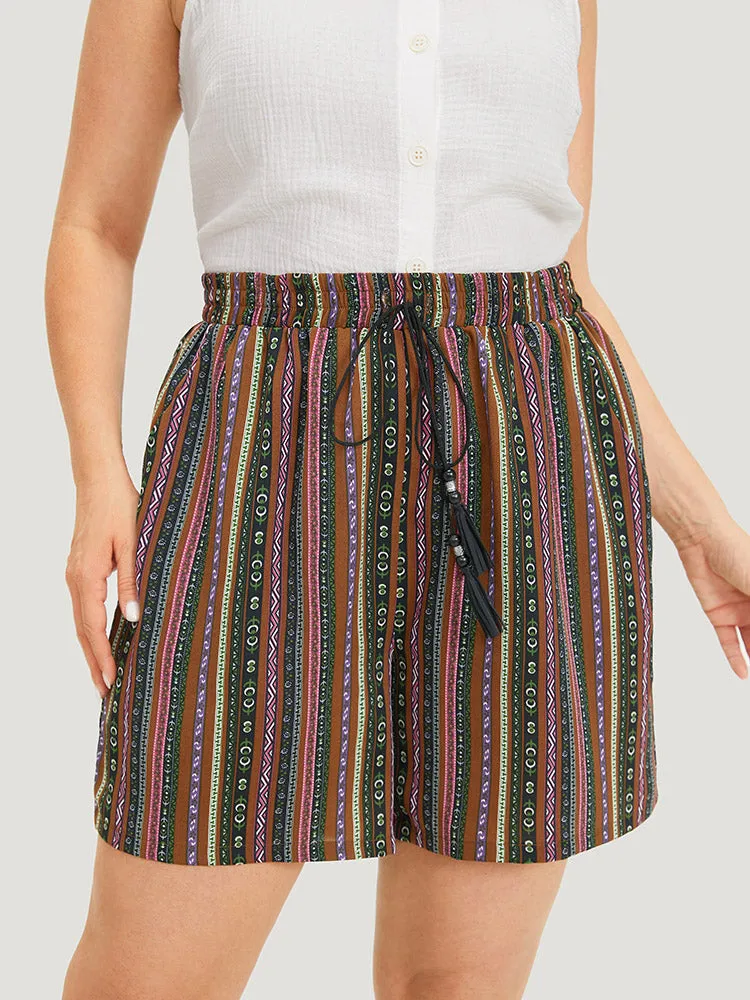 Bandana Striped Drawstring Tassel Beaded Detail Shorts sold by Bloomchic