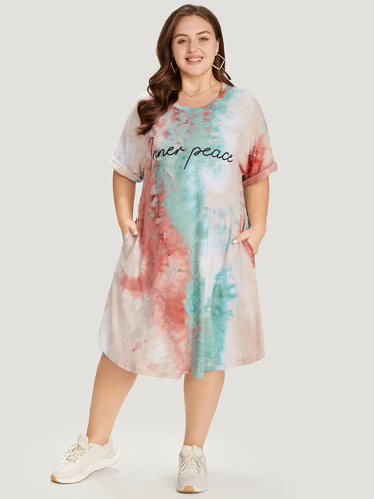 Letter Print Pocket Tie Dye Cuffed Sleeve Dress sold by Bloomchic product image thumbnail 5