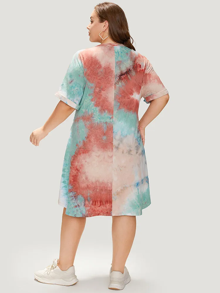 Letter Print Pocket Tie Dye Cuffed Sleeve Dress sold by Bloomchic product image thumbnail 2