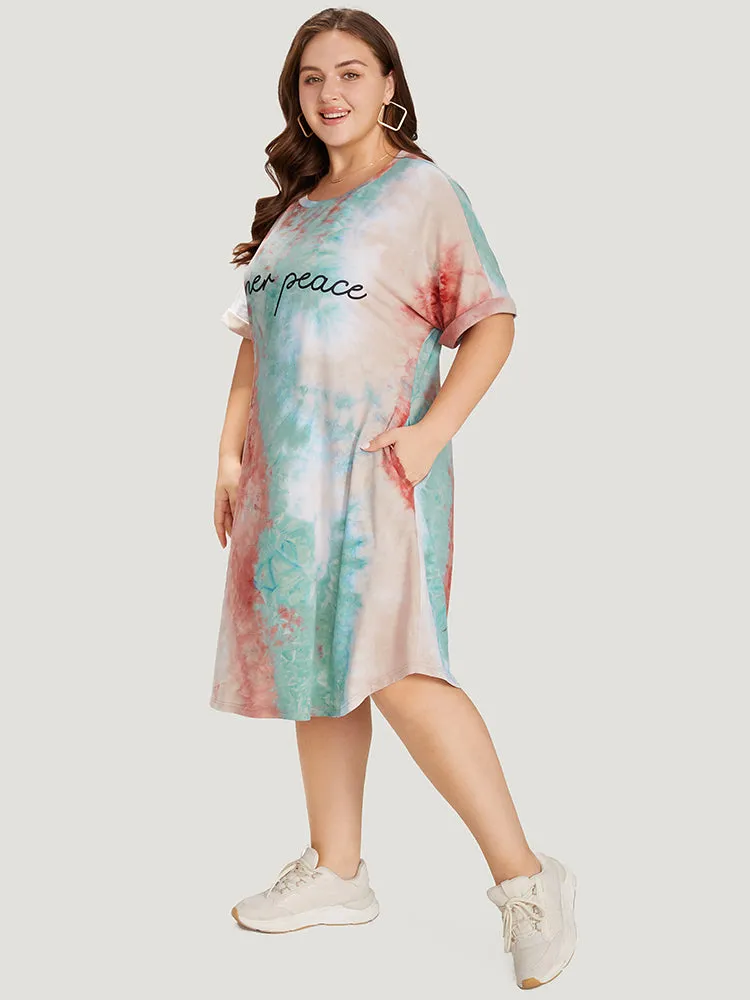 Letter Print Pocket Tie Dye Cuffed Sleeve Dress sold by Bloomchic product image thumbnail 4