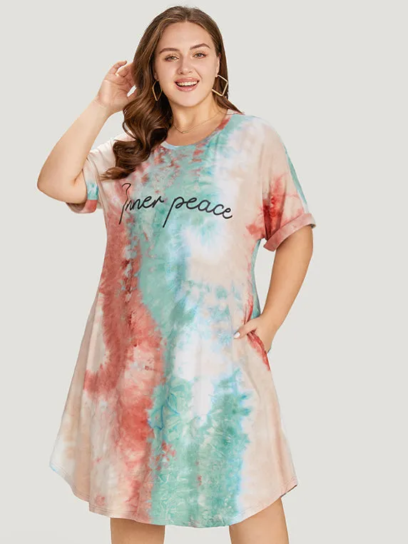 Letter Print Pocket Tie Dye Cuffed Sleeve Dress sold by Bloomchic