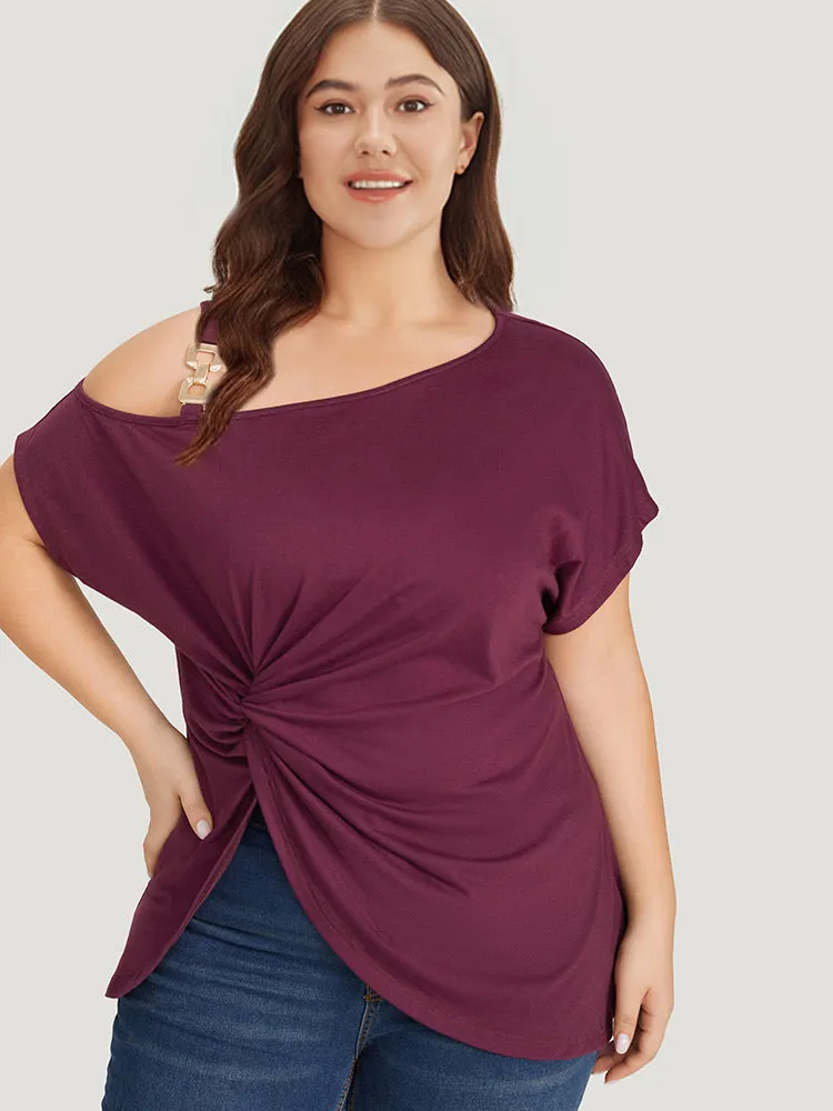 Metal Detail Twist Hem Asymmetrical One Shoulder T-shirt sold by Bloomchic product image thumbnail 2