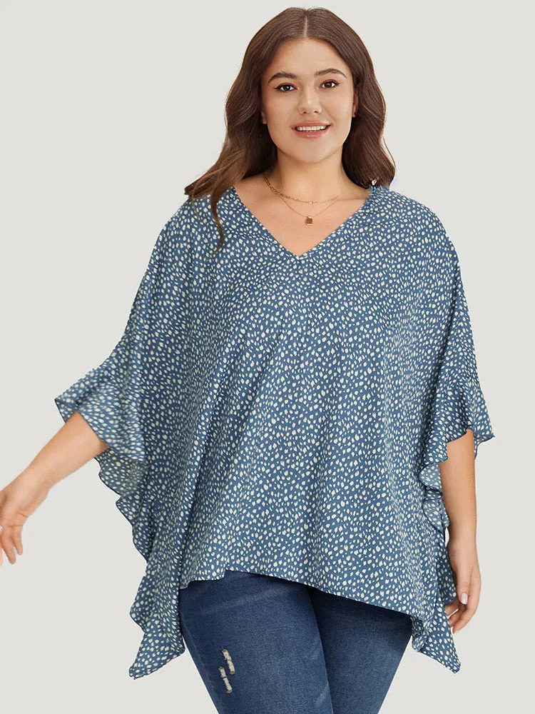 Leopard Print Ruffle Trim Asymmetrical Hem Batwing Sleeve Blouse sold by Bloomchic product image thumbnail 3