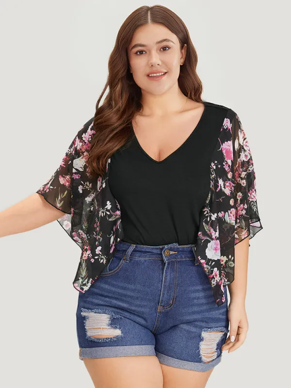 Floral Print Patchwork Mesh Asymmetrical Sleeve Bodysuit sold by Bloomchic