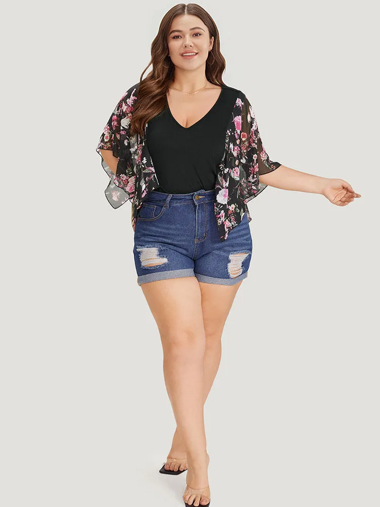 Floral Print Patchwork Mesh Asymmetrical Sleeve Bodysuit sold by Bloomchic product image thumbnail 4