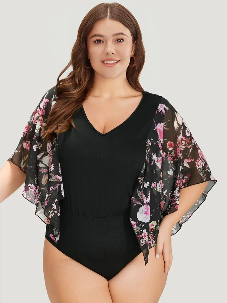 Floral Print Patchwork Mesh Asymmetrical Sleeve Bodysuit sold by Bloomchic product image thumbnail 2