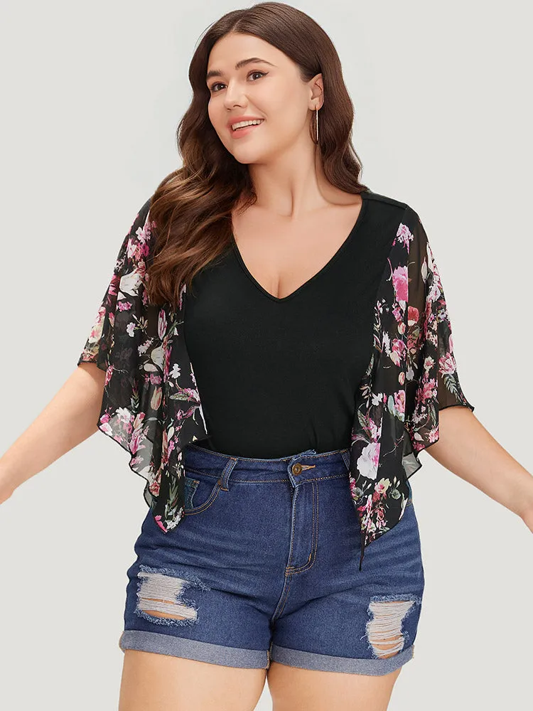 Floral Print Patchwork Mesh Asymmetrical Sleeve Bodysuit sold by Bloomchic product image thumbnail 3