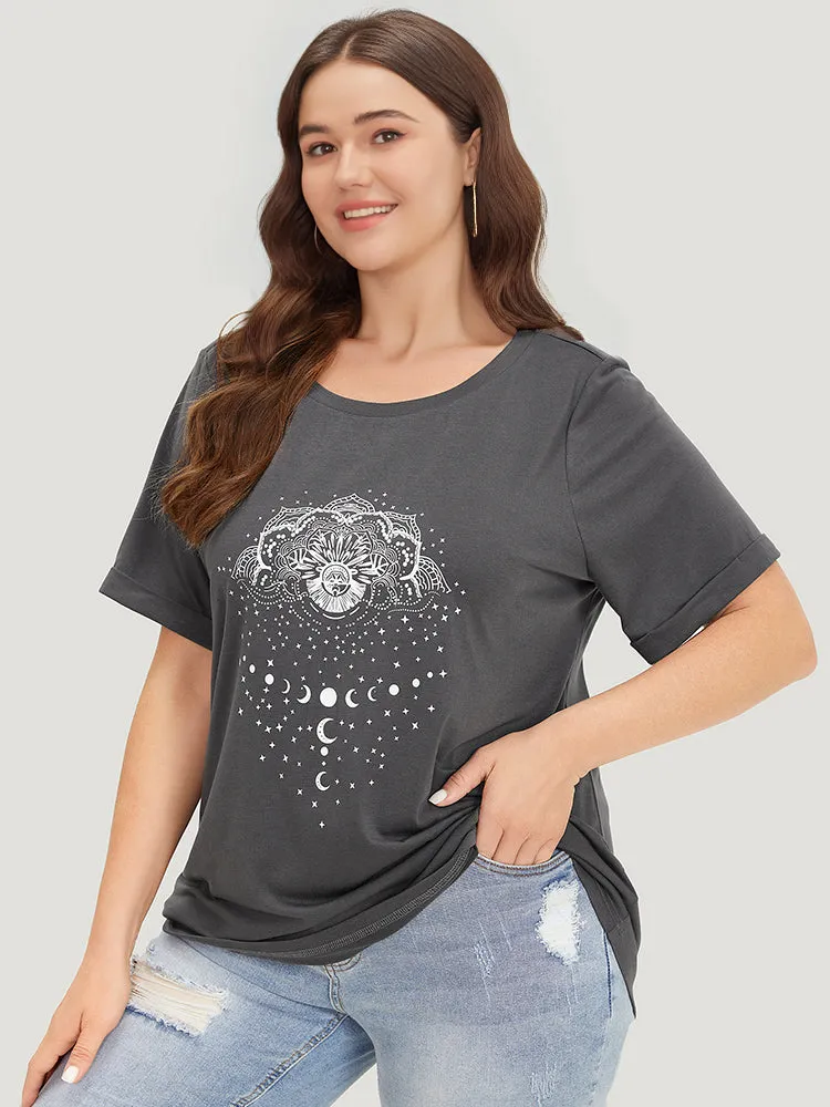 Floral & Moon Print Crew Neck Roll Sleeve T-shirt sold by Bloomchic product image thumbnail 4