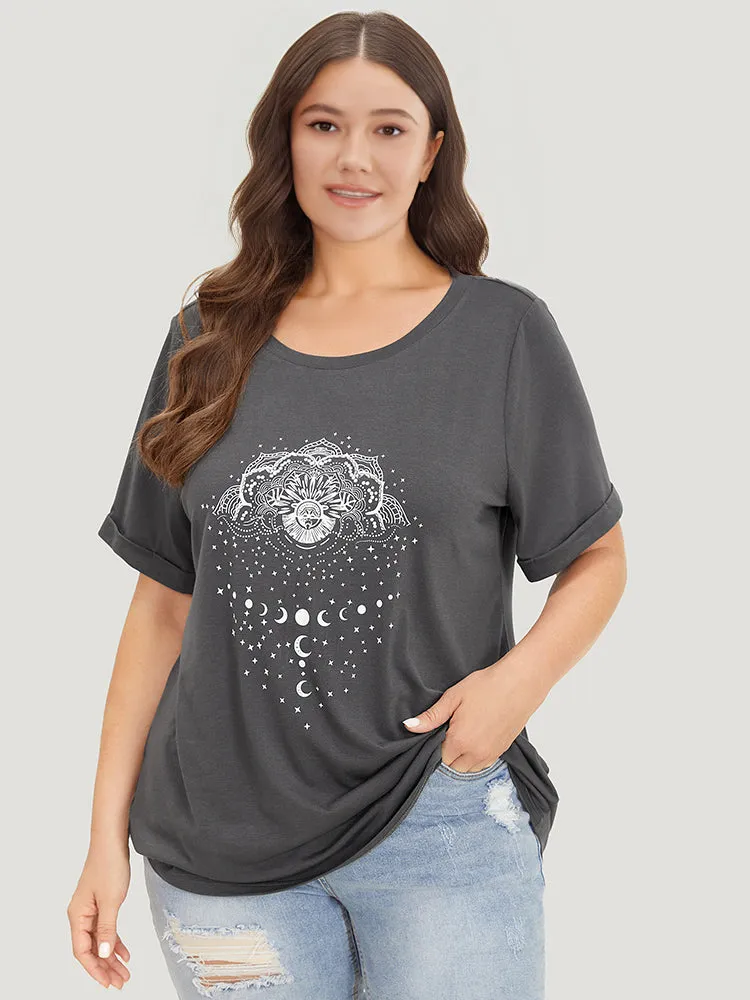 Floral & Moon Print Crew Neck Roll Sleeve T-shirt sold by Bloomchic