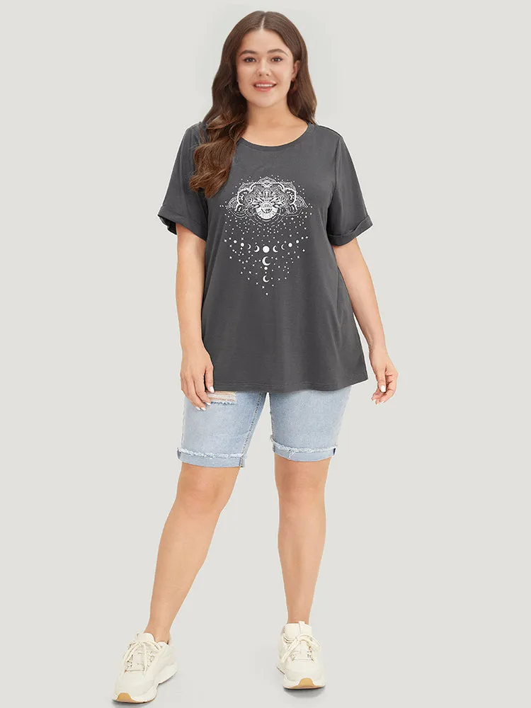 Floral & Moon Print Crew Neck Roll Sleeve T-shirt sold by Bloomchic product image thumbnail 5