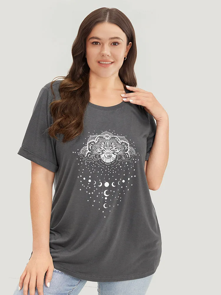 Floral & Moon Print Crew Neck Roll Sleeve T-shirt sold by Bloomchic product image thumbnail 3