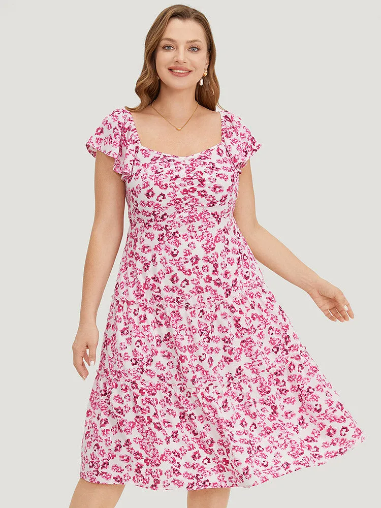 Floral Print Pocket Square Neck Gathered Dress sold by Bloomchic