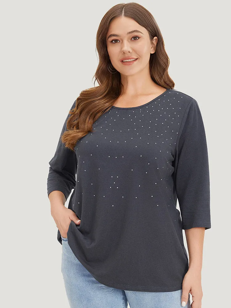 Solid Rhinestone Detail Crew Neck T-shirt sold by Bloomchic
