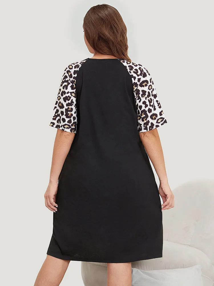 Leopard Print Patchwork Raglan Sleeve Sleep Dress sold by Bloomchic product image thumbnail 4