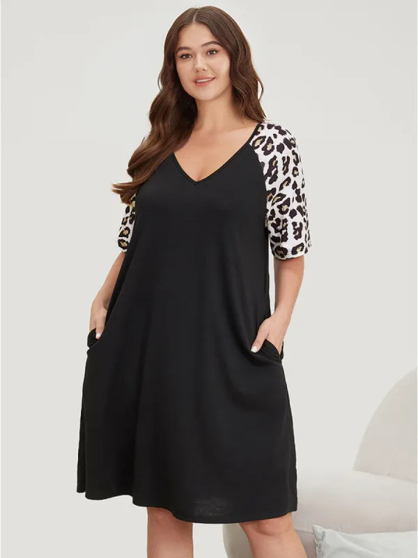 Leopard Print Patchwork Raglan Sleeve Sleep Dress sold by Bloomchic