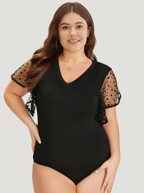 Contrast Lace Mesh Ruffle Sleeve V Neck Bodysuit sold by Bloomchic