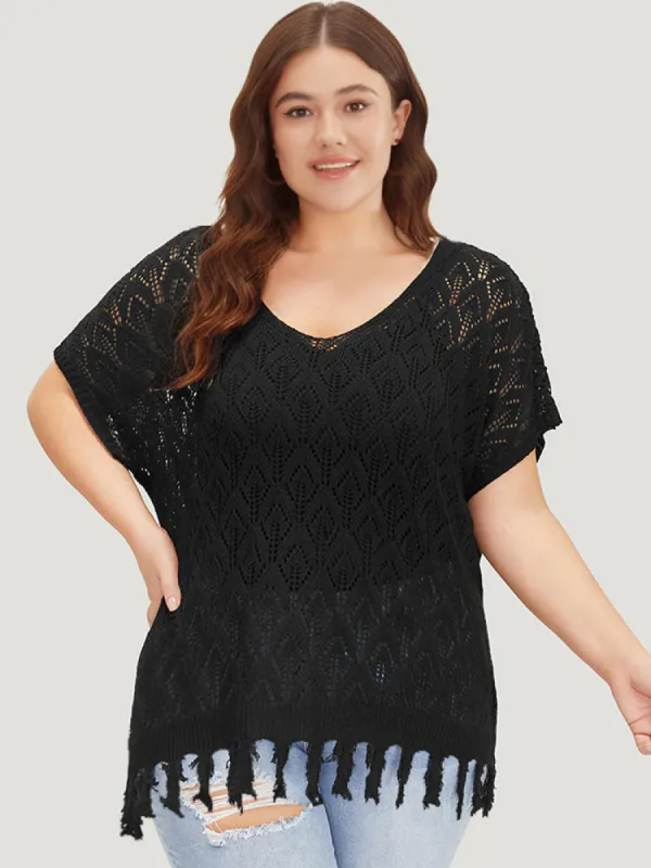 Plain Geometric Eyelet Patchwork Tassels Batwing Sleeve Pullover sold by Bloomchic