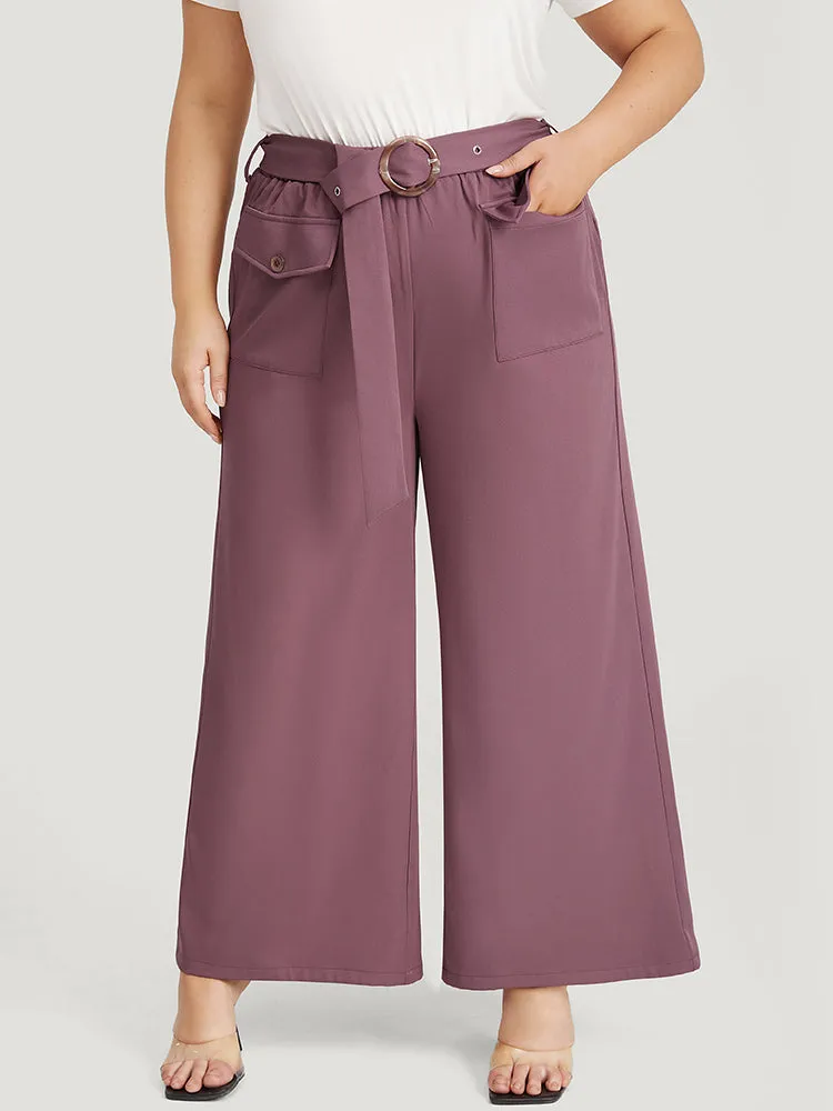 Solid Flap Pocket Buckle Belt Wide Leg Pants sold by Bloomchic