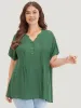 Solid Cuffed Sleeve Pleated Notched Blouse sold by Bloomchic