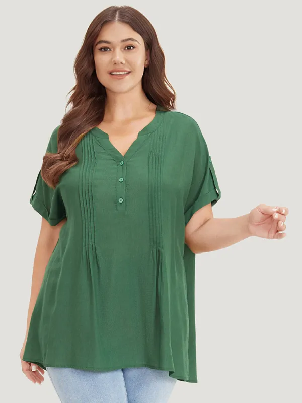 Solid Cuffed Sleeve Pleated Notched Blouse sold by Bloomchic