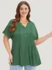 Solid Cuffed Sleeve Pleated Notched Blouse sold by Bloomchic