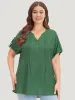 Solid Cuffed Sleeve Pleated Notched Blouse sold by Bloomchic