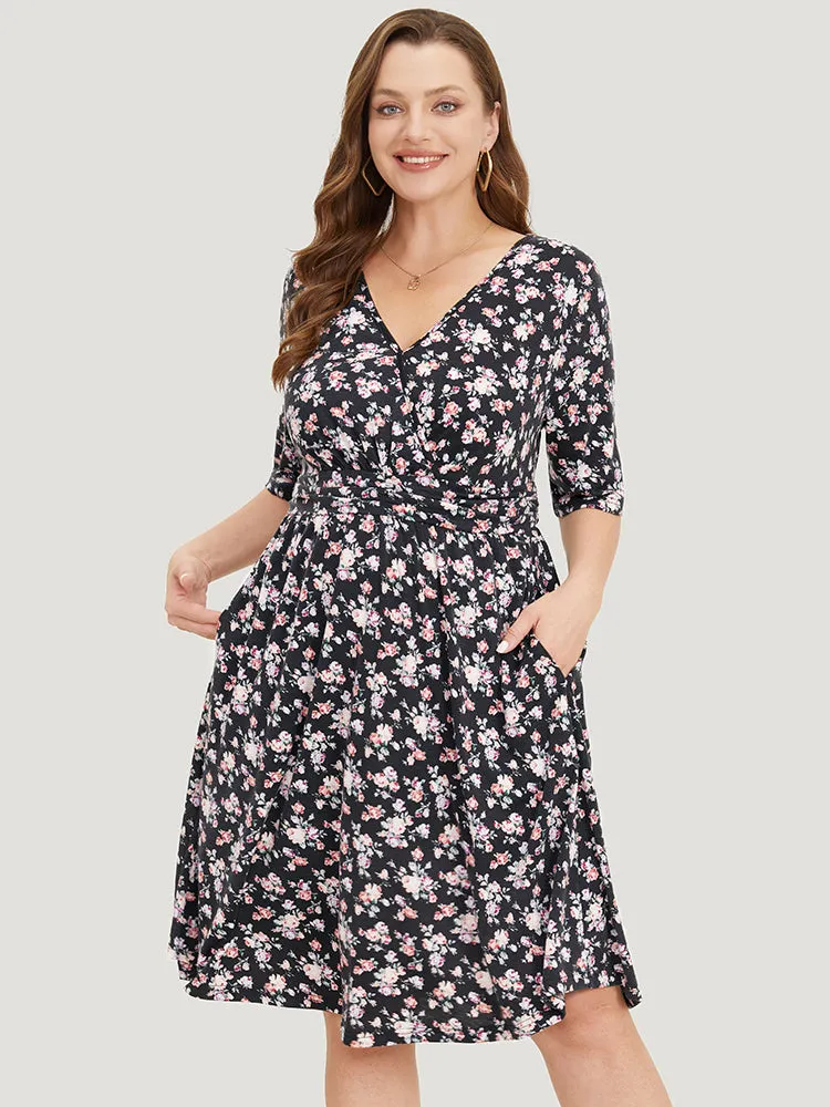 Ditsy Floral Pocket Overlap Collar Half Sleeve Dress sold by Bloomchic product image thumbnail 3