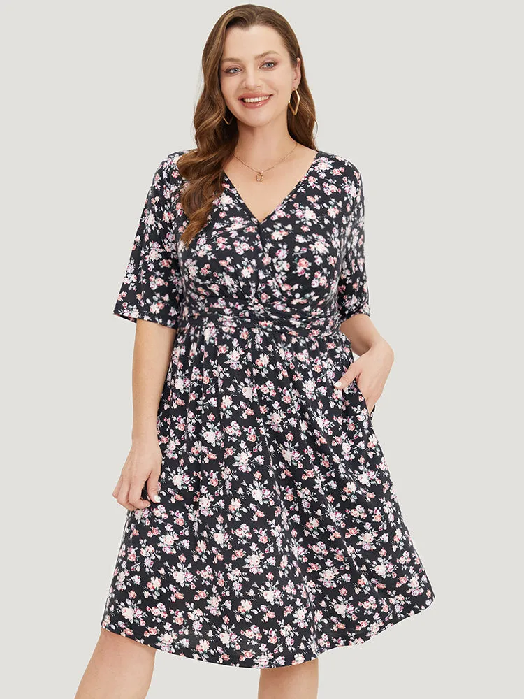 Ditsy Floral Pocket Overlap Collar Half Sleeve Dress sold by Bloomchic