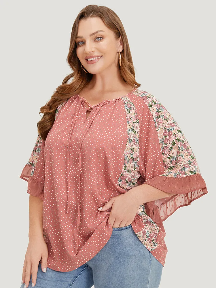 Polka Dot & Ditsy Floral Flounce Sleeve Lace Up Blouse sold by Bloomchic product image thumbnail 4