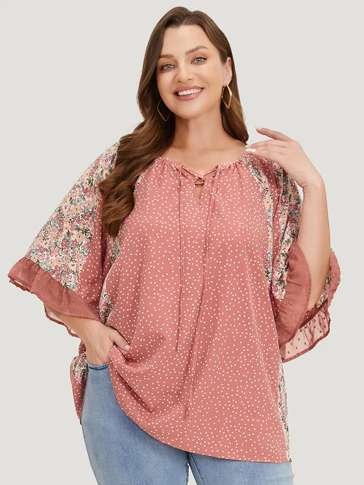Polka Dot & Ditsy Floral Flounce Sleeve Lace Up Blouse sold by Bloomchic