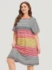 Striped Contrast Roll Pocket Dolman Sleeve Dress sold by Bloomchic