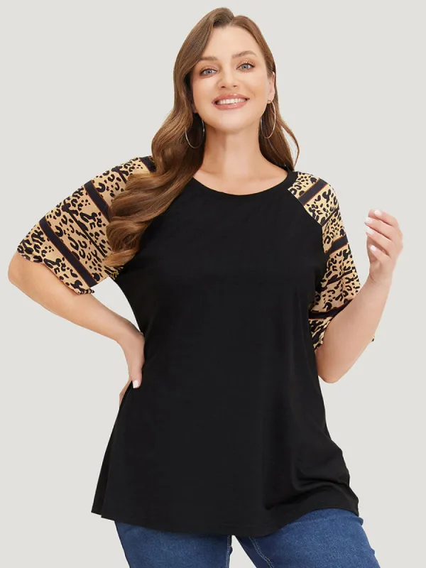 Leopard Print Contrast Raglan Sleeve T-shirt sold by Bloomchic