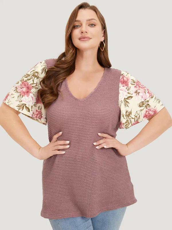 Waffle Knit Pacthwork Flutter Sleeve T-shirt sold by Bloomchic