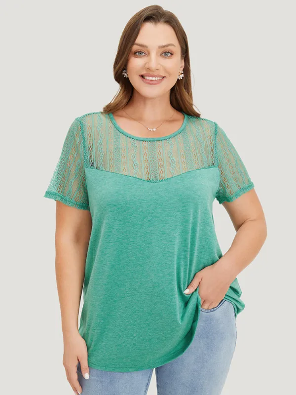Eyelet Lace Mesh Crew Neck T-shirt sold by Bloomchic