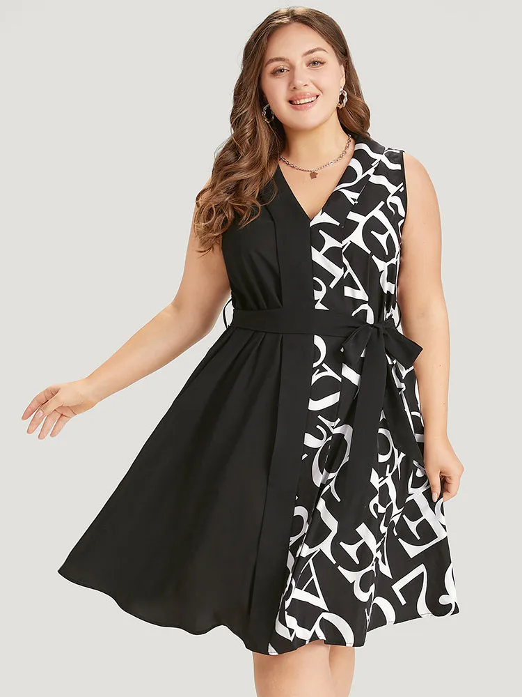 Letter Graphic Patchwork Belted Pocket Shawl Neck Dress sold by Bloomchic