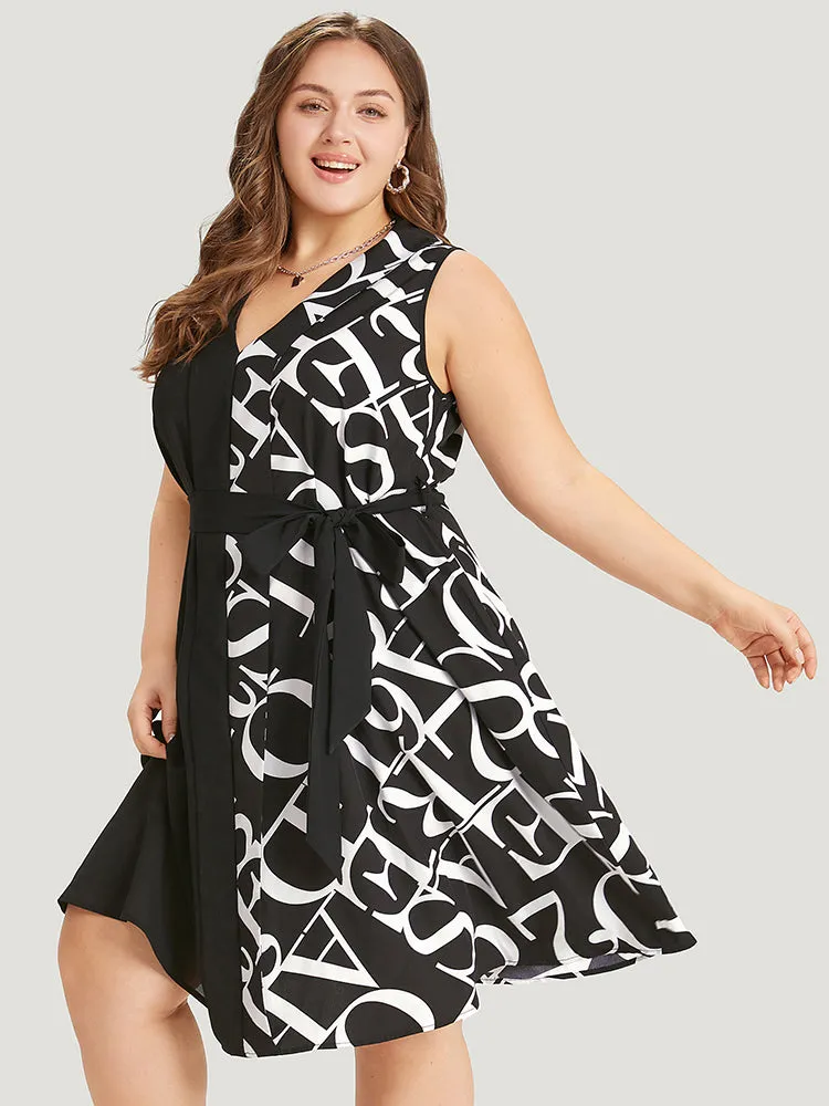 Letter Graphic Patchwork Belted Pocket Shawl Neck Dress sold by Bloomchic product image thumbnail 2