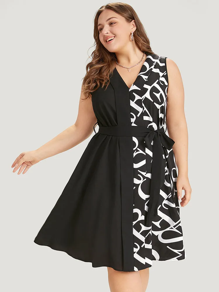 Letter Graphic Patchwork Belted Pocket Shawl Neck Dress sold by Bloomchic product image thumbnail 3