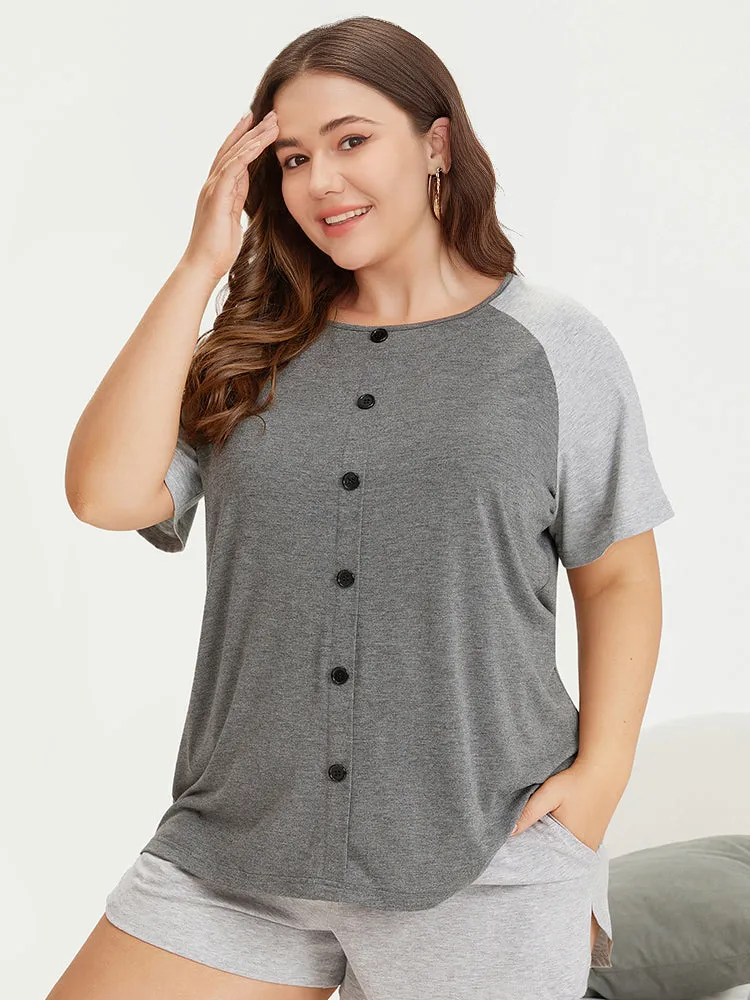 Colorblock Contrast Button Detail Raglan Sleeve Sleep Top sold by Bloomchic product image thumbnail 3