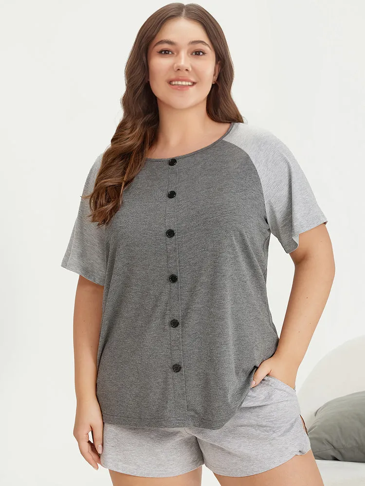 Colorblock Contrast Button Detail Raglan Sleeve Sleep Top sold by Bloomchic