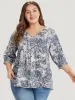 Print Knot Neck Lantern Sleeve Ruffle Hem Blouse sold by Bloomchic