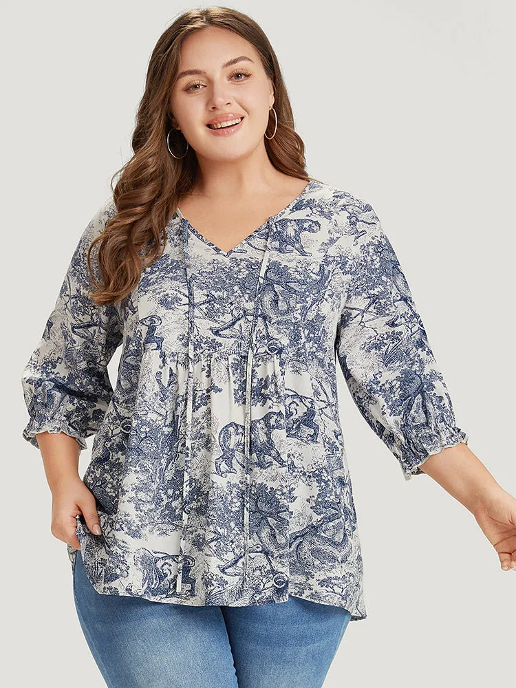 Print Knot Neck Lantern Sleeve Ruffle Hem Blouse sold by Bloomchic product image thumbnail 3
