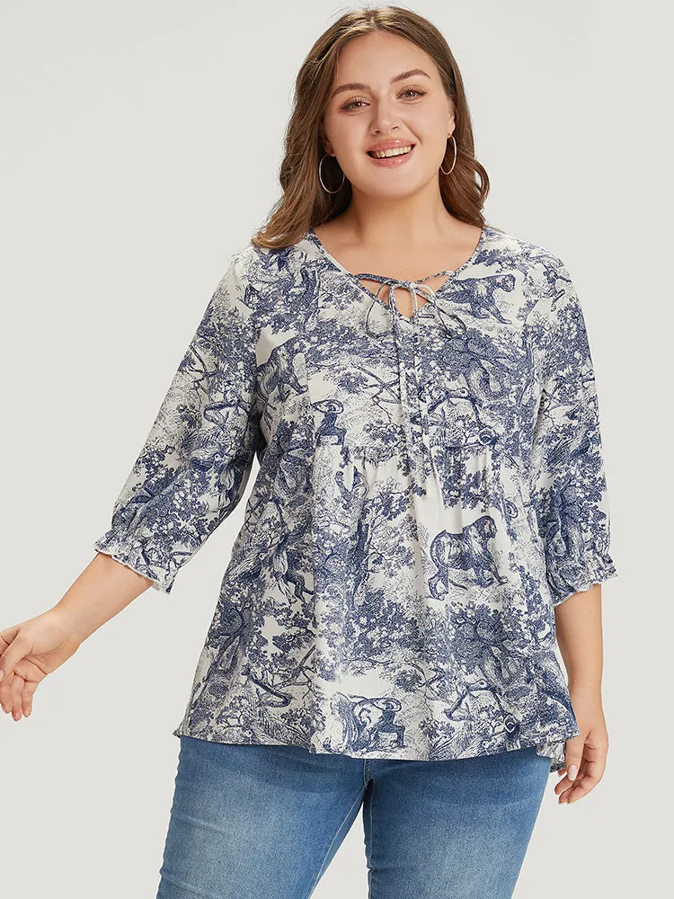 Print Knot Neck Lantern Sleeve Ruffle Hem Blouse sold by Bloomchic product image thumbnail 4