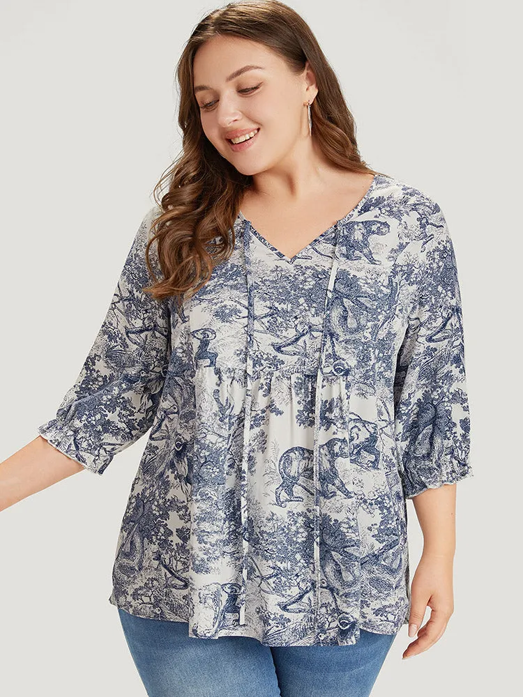 Print Knot Neck Lantern Sleeve Ruffle Hem Blouse sold by Bloomchic