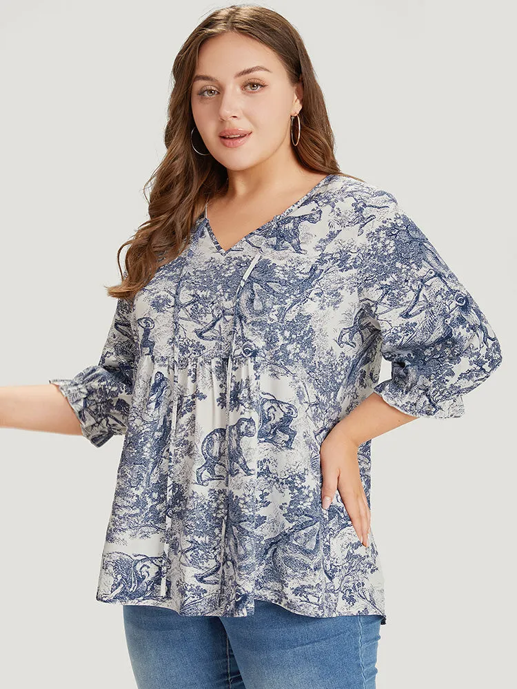 Print Knot Neck Lantern Sleeve Ruffle Hem Blouse sold by Bloomchic product image thumbnail 5