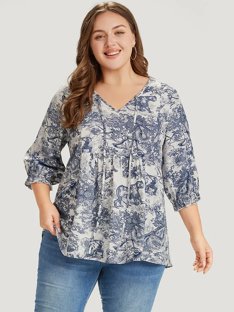 Print Knot Neck Lantern Sleeve Ruffle Hem Blouse sold by Bloomchic product image thumbnail 2