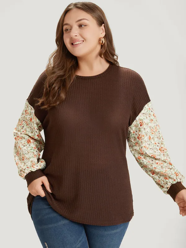 Ditsy Floral Patchwork Lantern Sleeve Waffle Knit Sweatshirt sold by Bloomchic