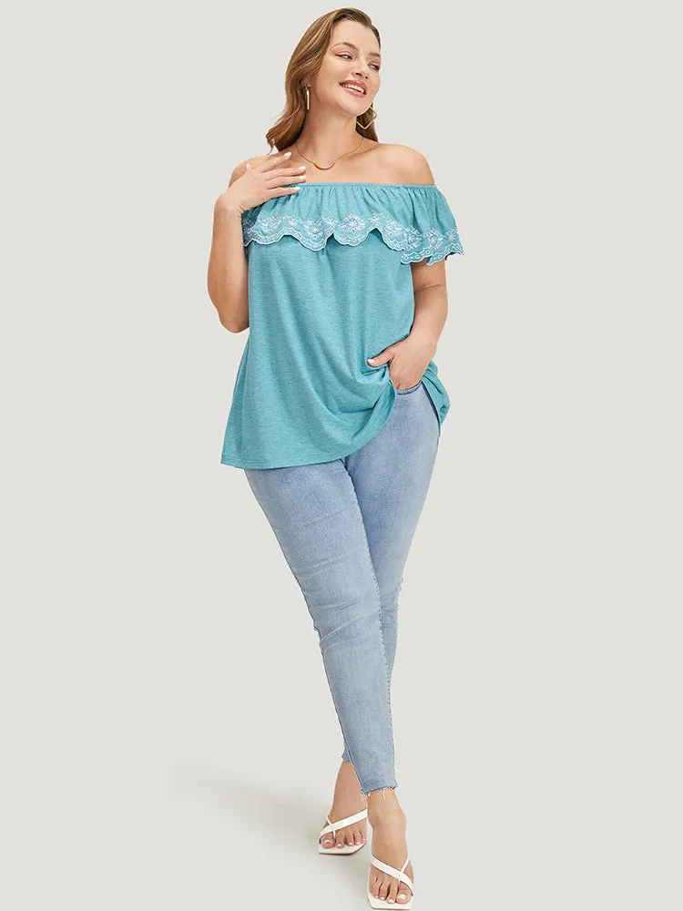 Embroidered Off Shoulder Scalloped Trim T-shirt sold by Bloomchic product image thumbnail 5