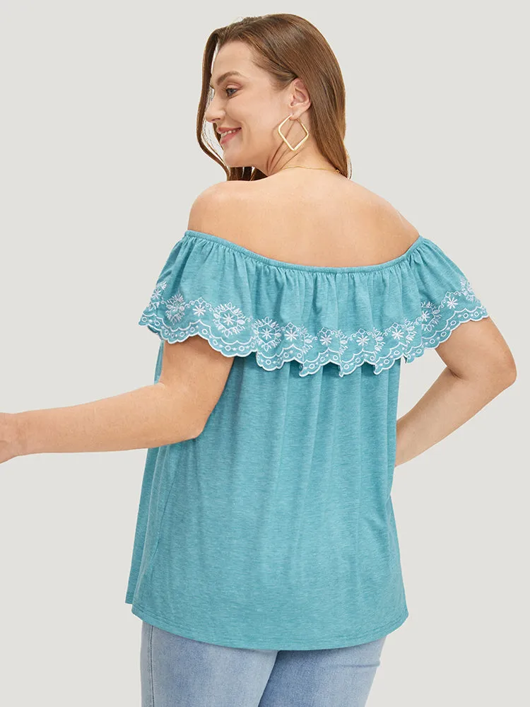 Embroidered Off Shoulder Scalloped Trim T-shirt sold by Bloomchic product image thumbnail 2