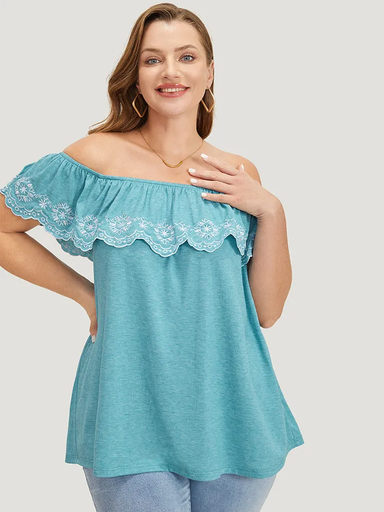 Embroidered Off Shoulder Scalloped Trim T-shirt sold by Bloomchic product image thumbnail 3