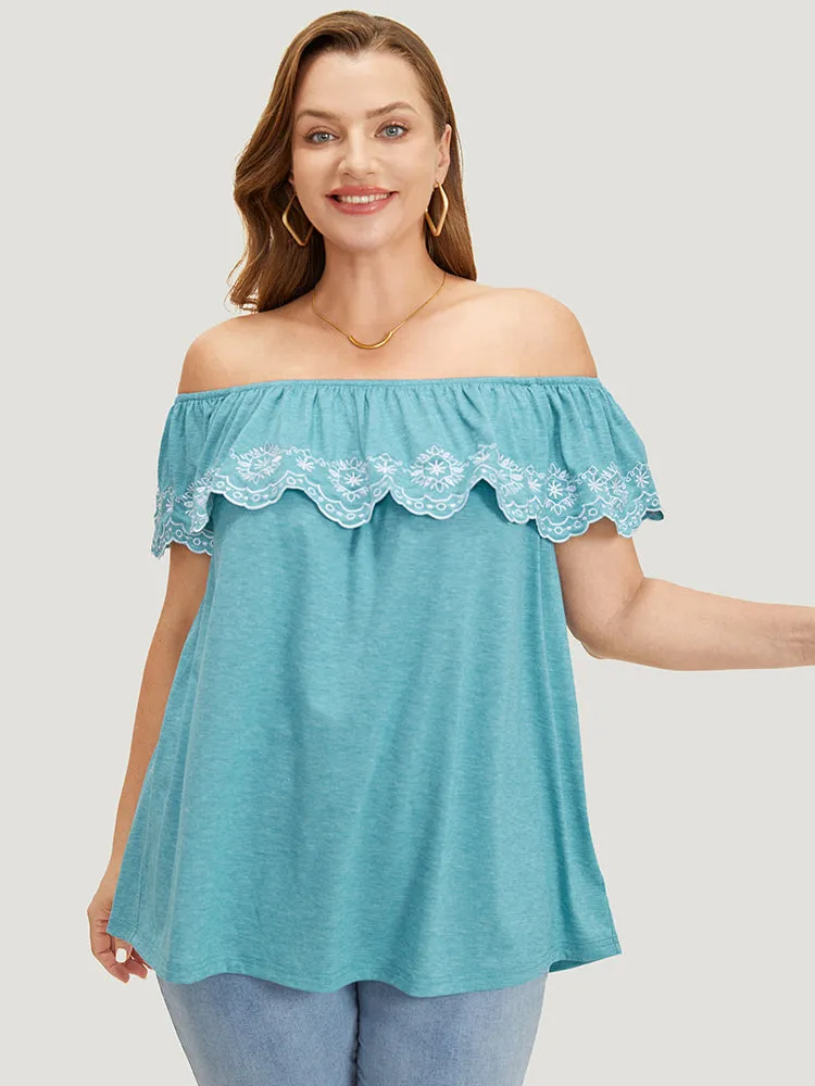 Embroidered Off Shoulder Scalloped Trim T-shirt sold by Bloomchic product image thumbnail 4